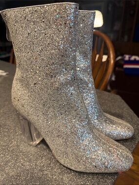 Cape Robbin Silver Glitter Ankle Boots with Clear Block Heel
